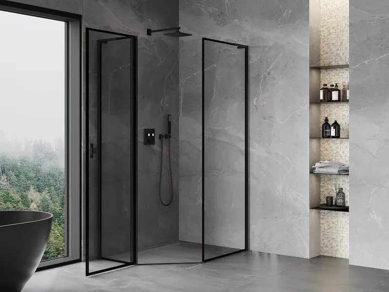 Mexen Mist L, päťuholníkový sprchový kút s krídlovými dverami, 80 x 90 cm, 8mm číre sklo, čierny profil, 8A8L-080-090-70-70-L