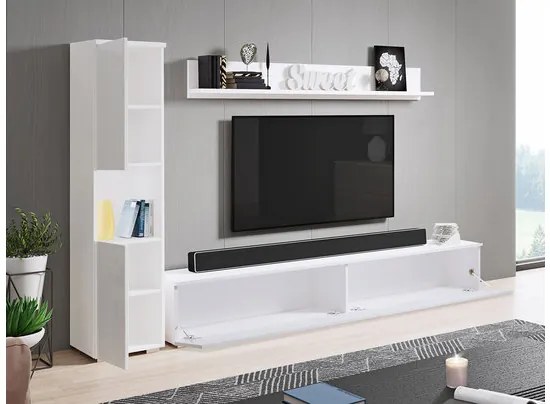 Obývacia stena Bamisio BR, Farby: biela / biely lesk, Osvetlenie: osvetlenie LED biele