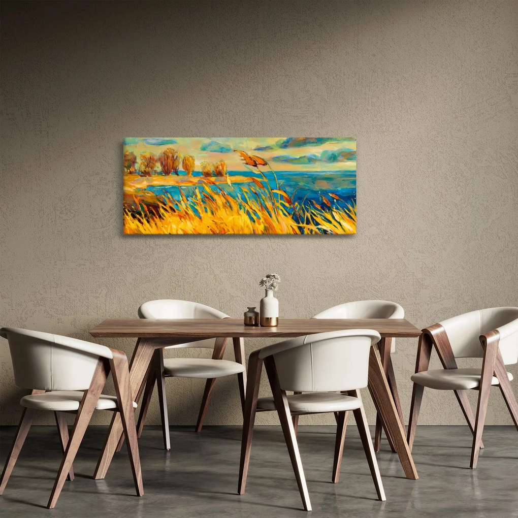 Obraz - Západajúce slnko nad jazerom, akrylová maľba (120x50 cm)