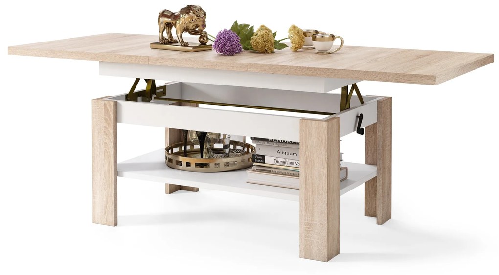 RIO Dub sonoma / Biely matný - KONFERENČNÝ STOLÍK ROZKLADACÍ A ZDVÍHACÍ