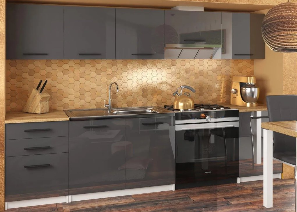 Kuchynská linka Belini 240 cm šedý lesk s pracovnou doskou Uniqa INF UNIQA/4/WT/S/0/B1