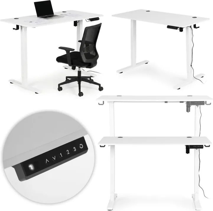 Elektrický nastaviteľný stôl 120 x 60 cm, nastaviteľná výška 72-117 cm, biely