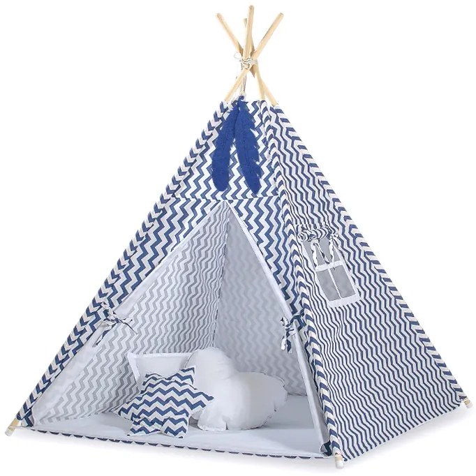 Bobono Stan Teepee pre deti + podložka na hranie + ozdobné pierka - Chevron námornícka modrá
