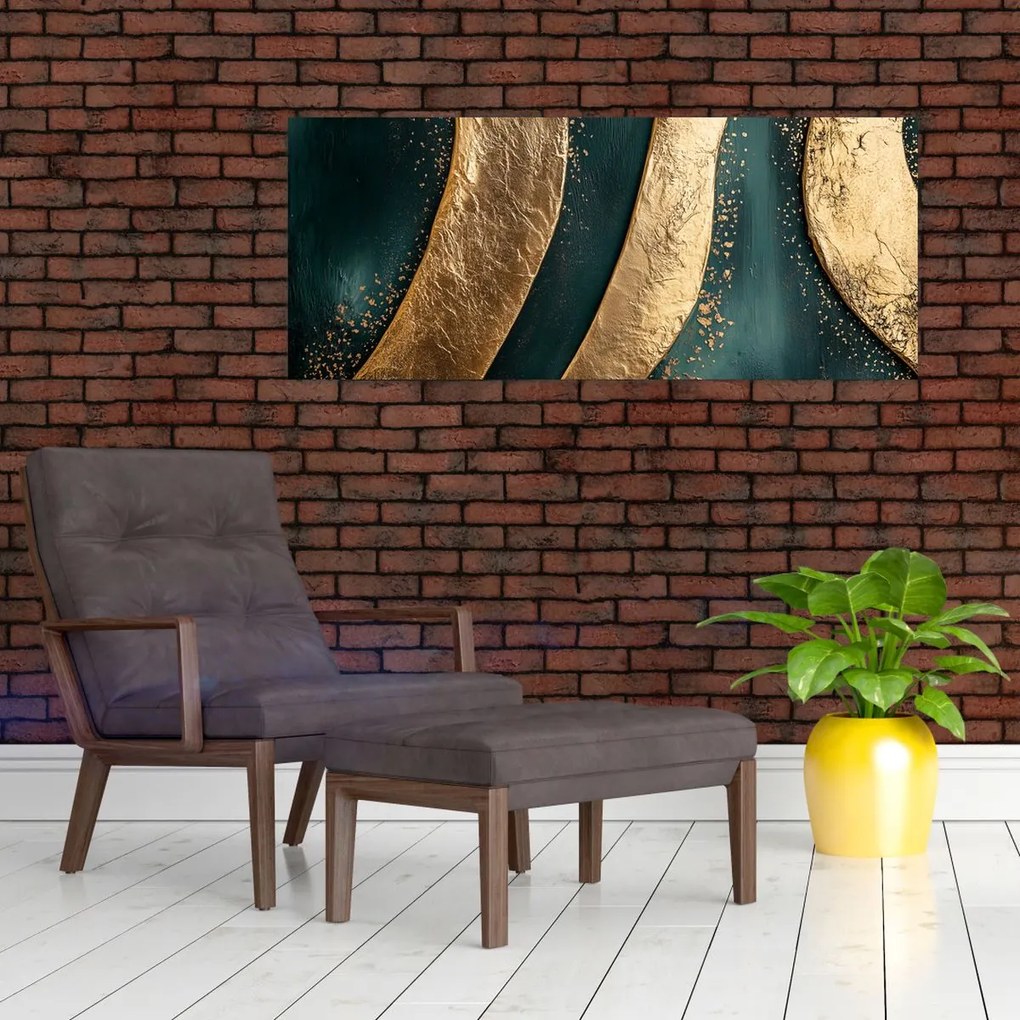 Obraz - Zelená abstrakcia so zlatom I. (120x50 cm)