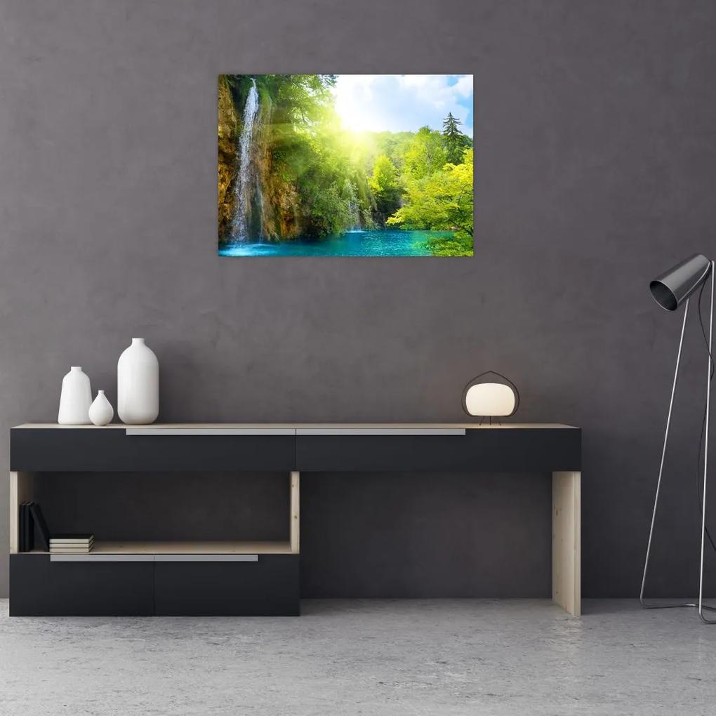Sklenený obraz - vodopády v pralese (70x50 cm)