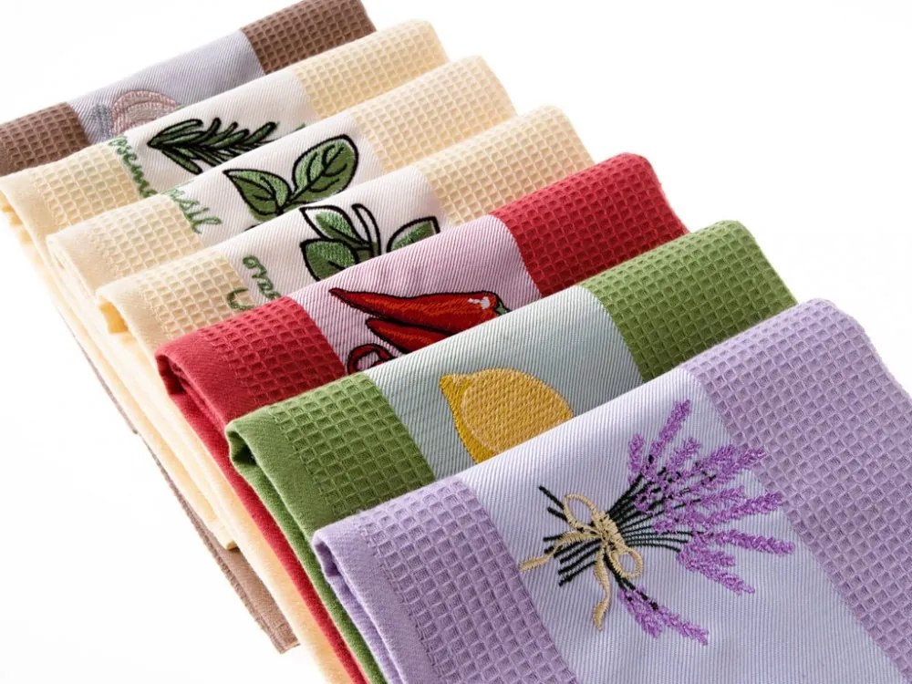 Kuchynská vaflová utierka s výšivkou Med - oranžové káro