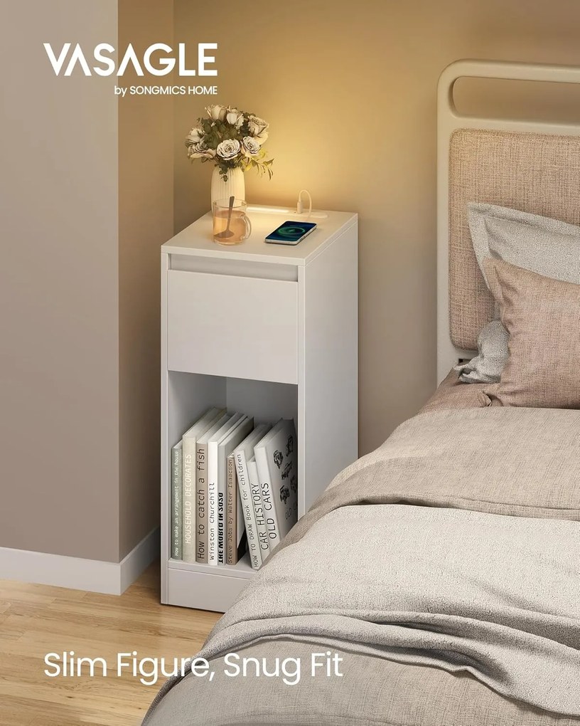 Úzky nočný stolík s nabíjacou stanicou a LED svetlom, s USB portami, biely