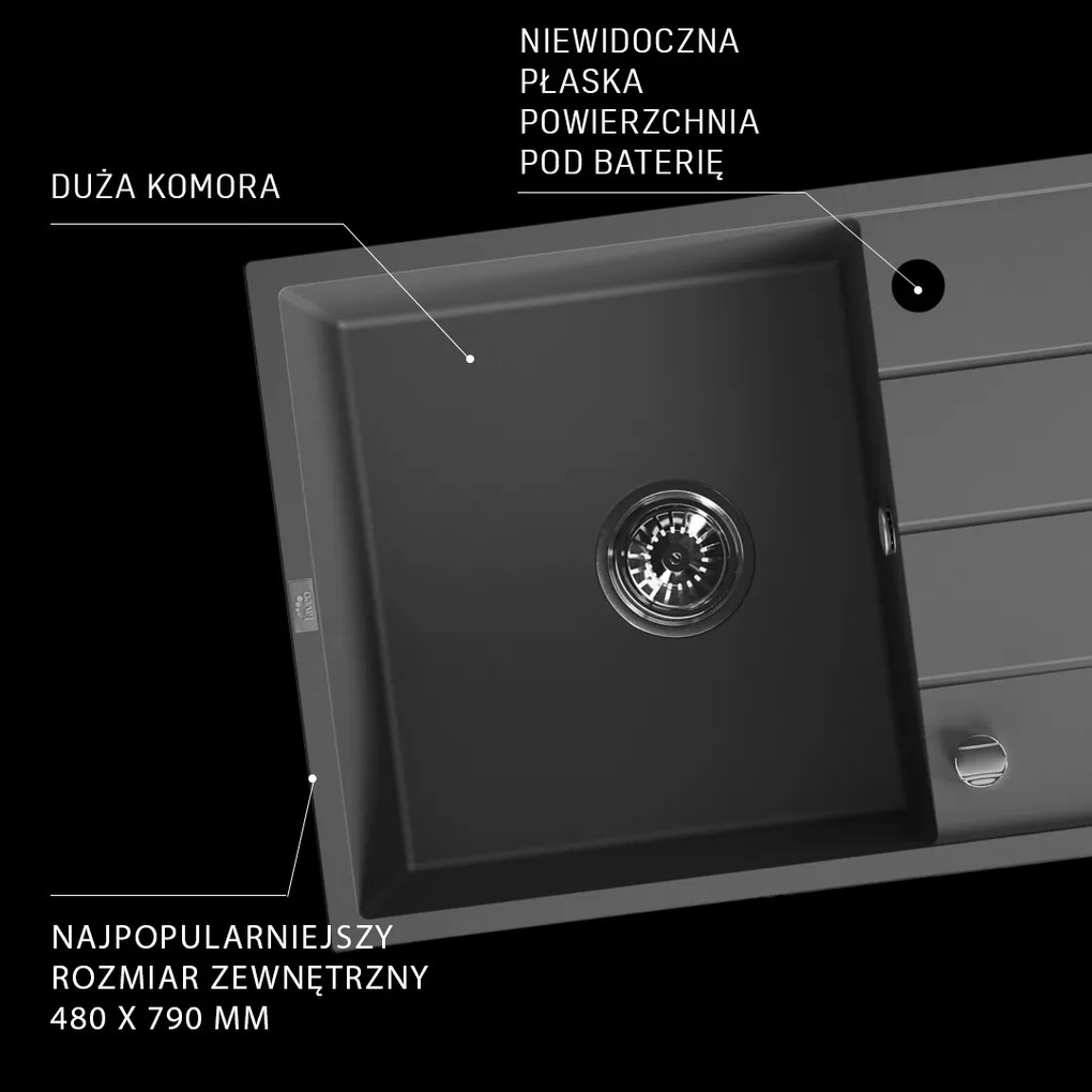 Laveo Wolin, 1-komorový granitový drez 780x480x185 mm, čierna škvrnitá, LAV-SPW_711T