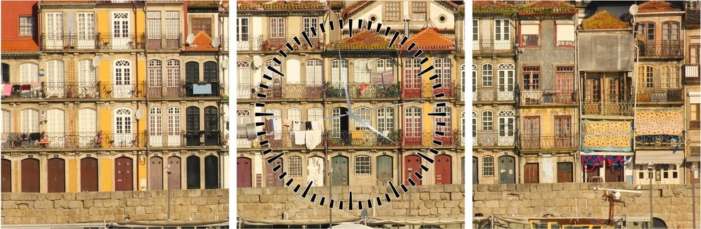 Obraz - Nábrežná štvrť, Portugalsko (s hodinami) (90x30 cm)
