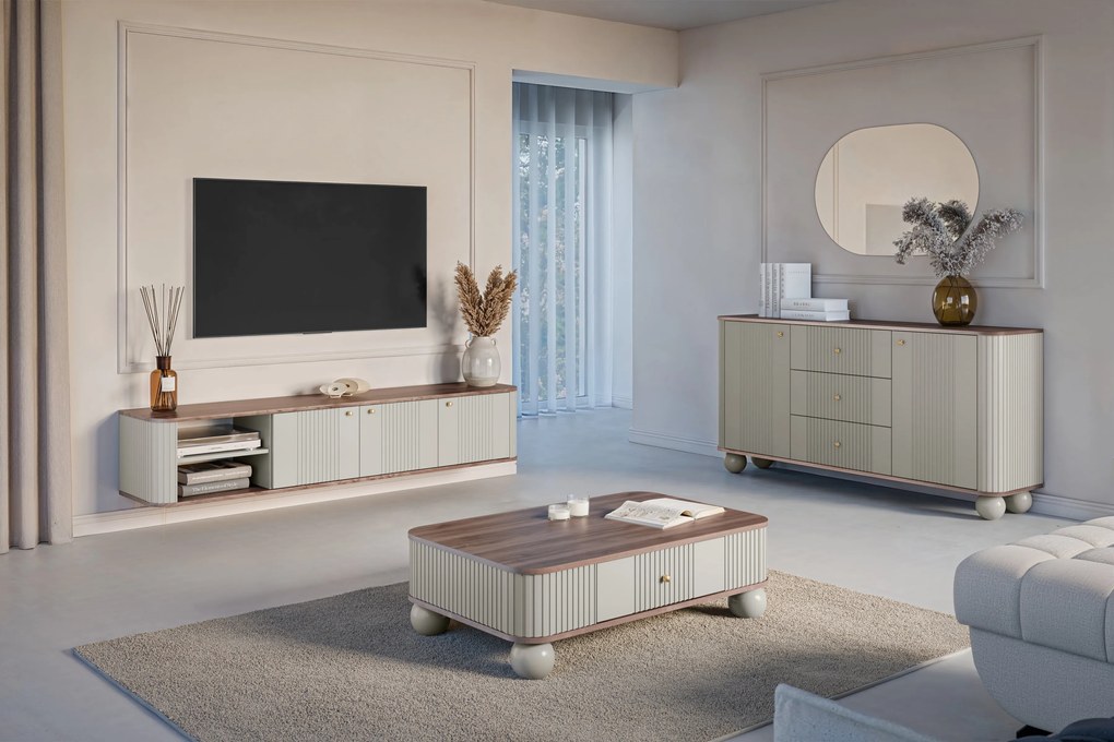 Závesná RTV skrinka Vesper 187 cm trojdverová - kasmír / orech / zlaté úchyty