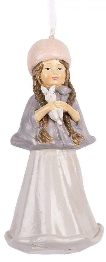 Fialová závesná dekorácia dievčatko v peleríne držiacej zajačika - 5*5*11 cm