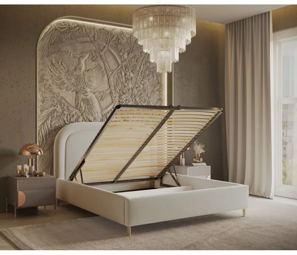 Krémová čalúnená dvojlôžková posteľ s úložným priestorom s roštom 140x200 cm Mija – Maison de Rêve
