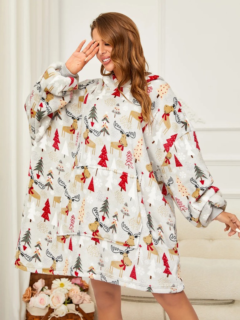 Baránková mikinová deka s rukávmi a kapucňou YULE HUG svetlosivá