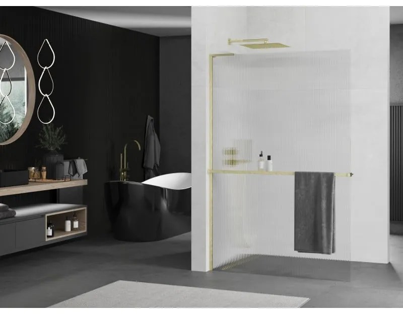 Mexen Kioto+ L, sprchová zástena Walk-In s poličkou a vešiakom 90 x 200 cm, 8mm sklo s rebrovým vzorom, zlatý matný profil, 800-090-123-55-09