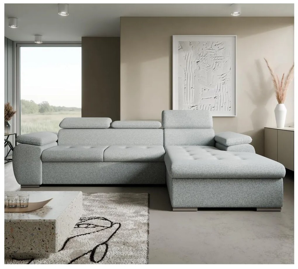 Rozkladacia rohová sedacia súprava v tvare L s úložným priestorom PADUA sivá pravá