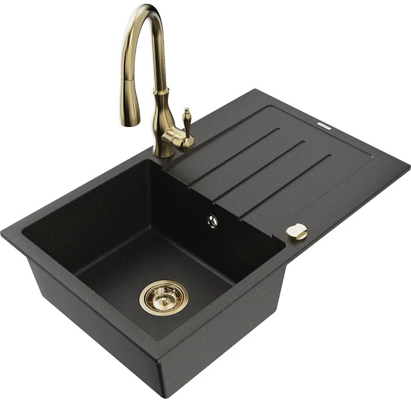 Mexen Bruno, 1-komorový granitový drez 795x495x200 mm a drezová batéria Savita, čierna-zlatá metalíza, 6513-75-672601-50