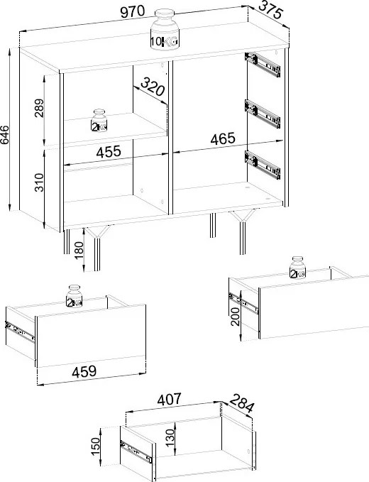Skrinka so zásuvkami Raven, čierna