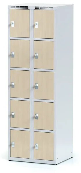 Alfa 3 Šatníková skrinka s úložnými boxami, 10 boxov 300 mm, laminované dvere orech, cylindrický zámok