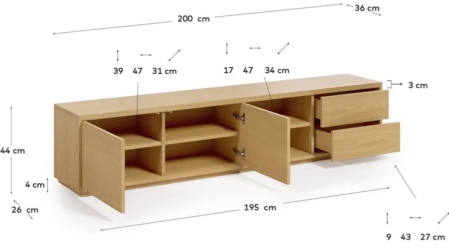 TV stolík v dekore duba v prírodnej farbe 200x44 cm Abilen - Kave Home