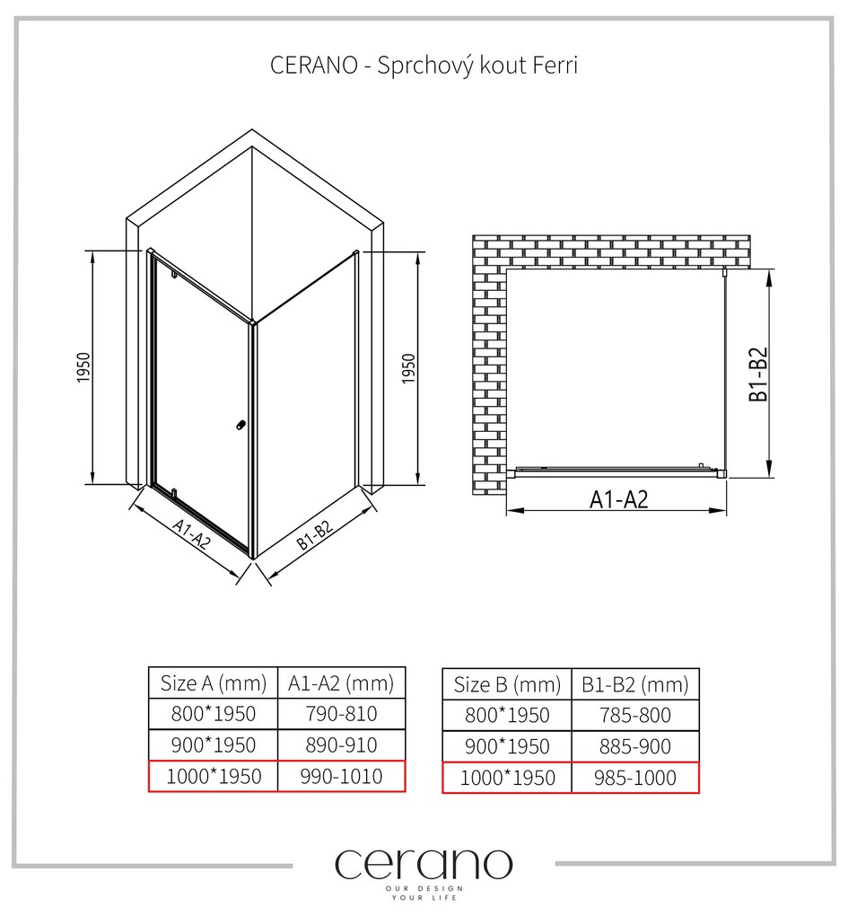 Cerano Ferri, krídlový sprchovací kút 100(dvere) x 100(stena) x 195 cm, 6mm číre sklo, chrómový profil, CER-CER-427468