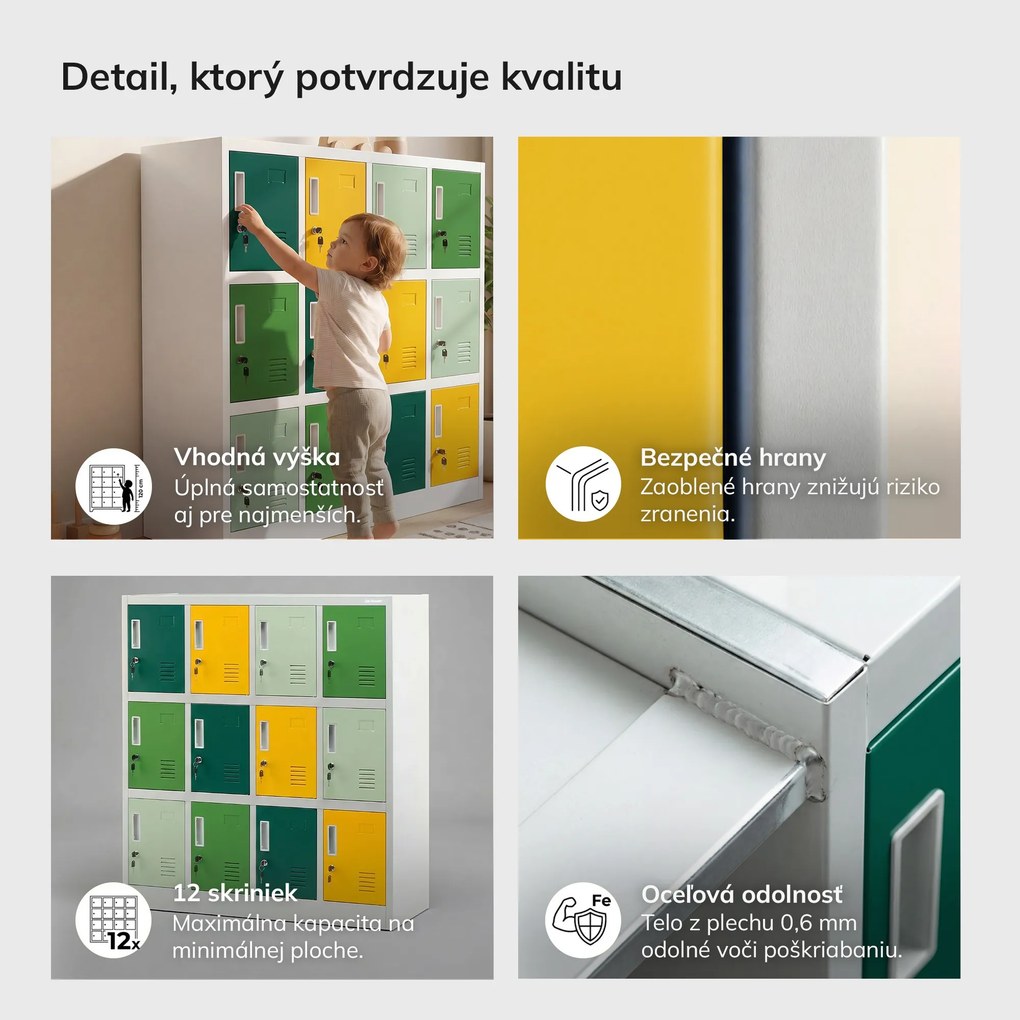 Kovová skrinka do školy a škôlky sivo-zeleno-žltá, 1090x1200x450 mm: OLA