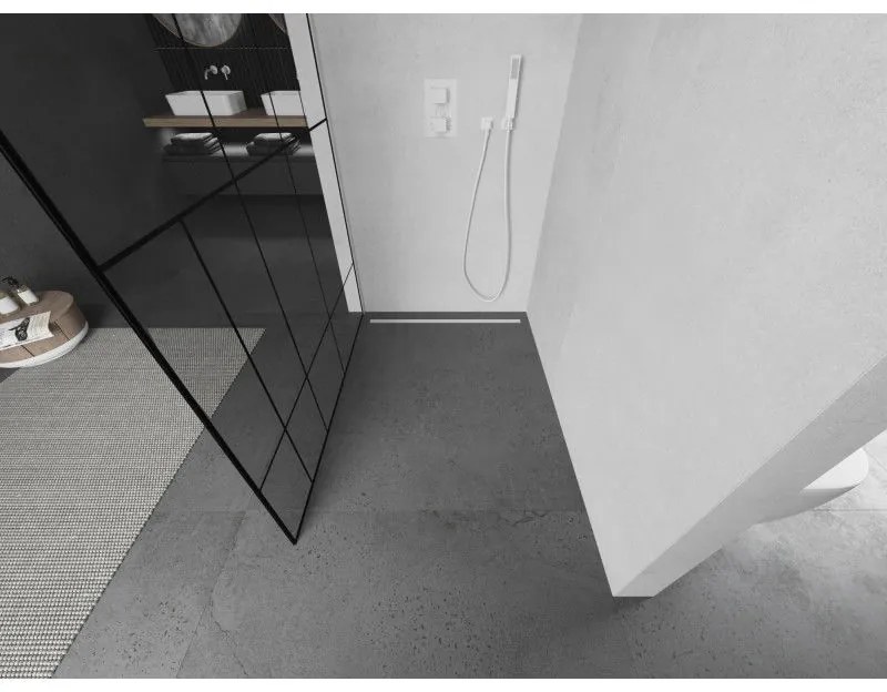 Mexen Kioto, Walk-In sprchová zástena 90 x 200 cm, 8mm sklo číre/čierny vzor, biely profil, 800-090-101-20-78