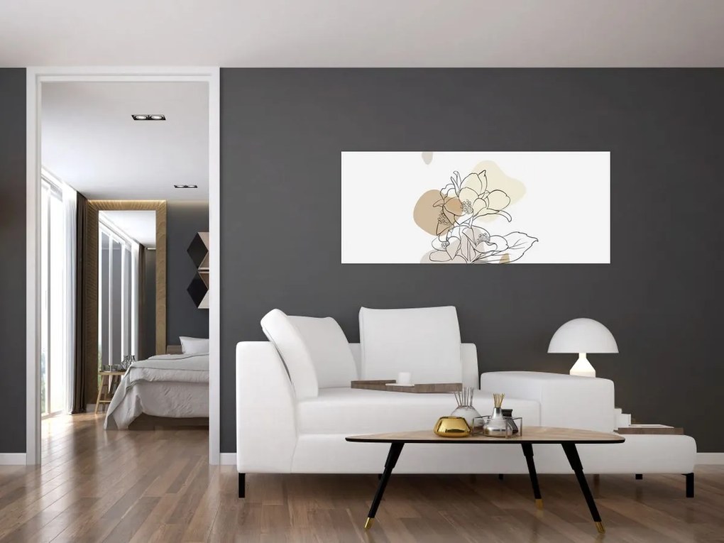 Obraz - Béžové kvety s motýľom N⁰1 (120x50 cm)