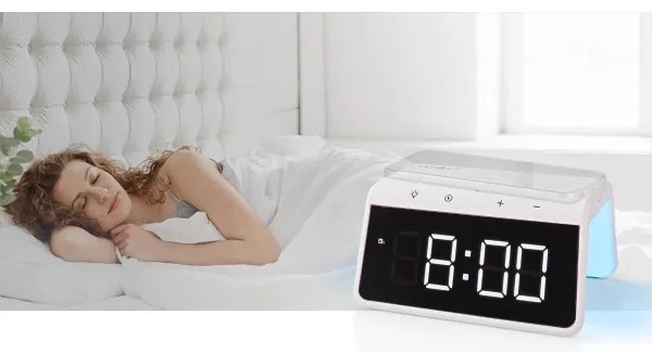 Nedis WCACQ30WT - Budík s LCD a bezdrôtovou nabíjačkou 15W/5V, biely