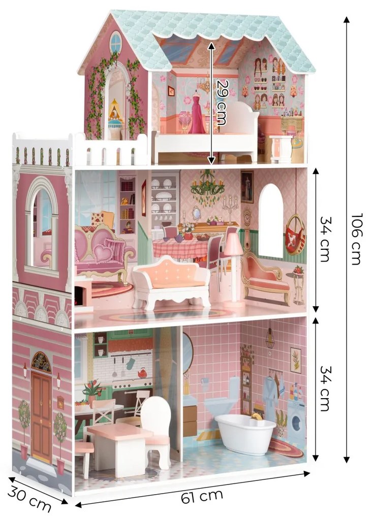 Drevený domček pre bábiky ECOTOYS: BARBIE s nábytkom ružový