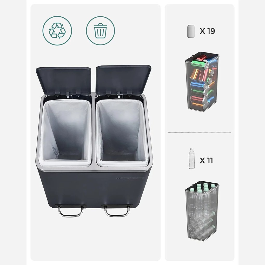 Odpadkový kôš oceľový 2 x 15 l, dymovo sivý