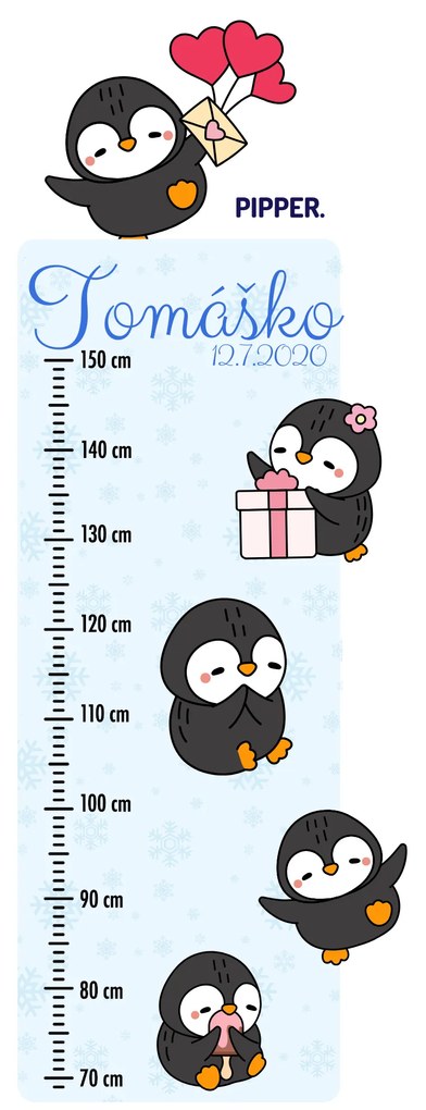 PIPPER. Textilná nálepka na stenu "Detský meter s menom - Tučniaky 2"