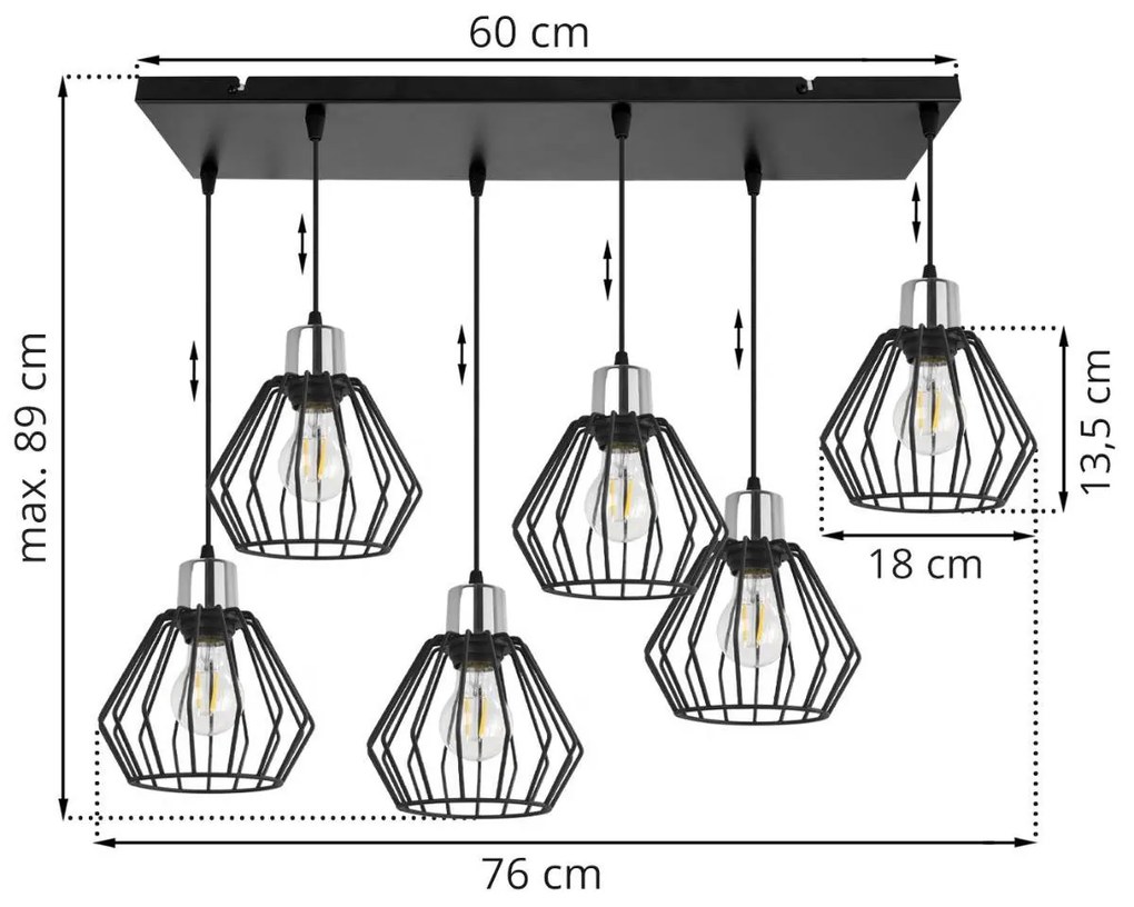 Závesné svietidlo NUVOLA 4, 6x čierne drôtené tienidlo, CH