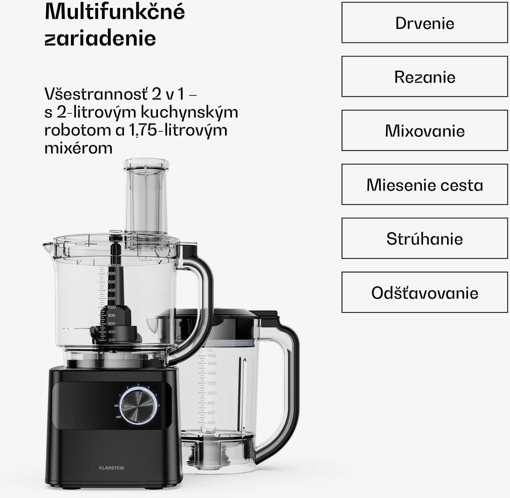 Klarstein Velaire kuchynský robot s mixérom na miesenie, šľahanie a odšťavovanie 1200 W 2 l kuchynský robot/mixér 1,75 l