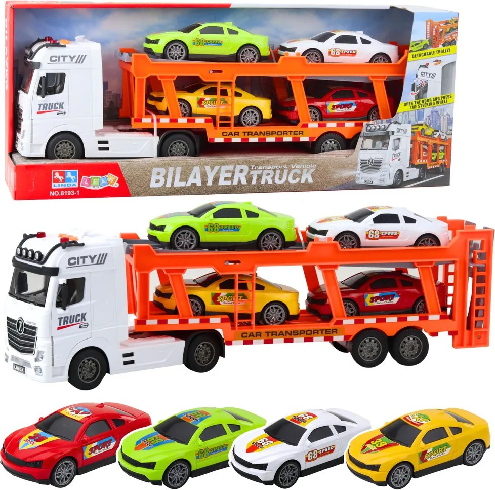 LEAN Toys Lora Lorry Nákladné auto Sada 4 áut Otvorené dvere Svetlá Zvuky