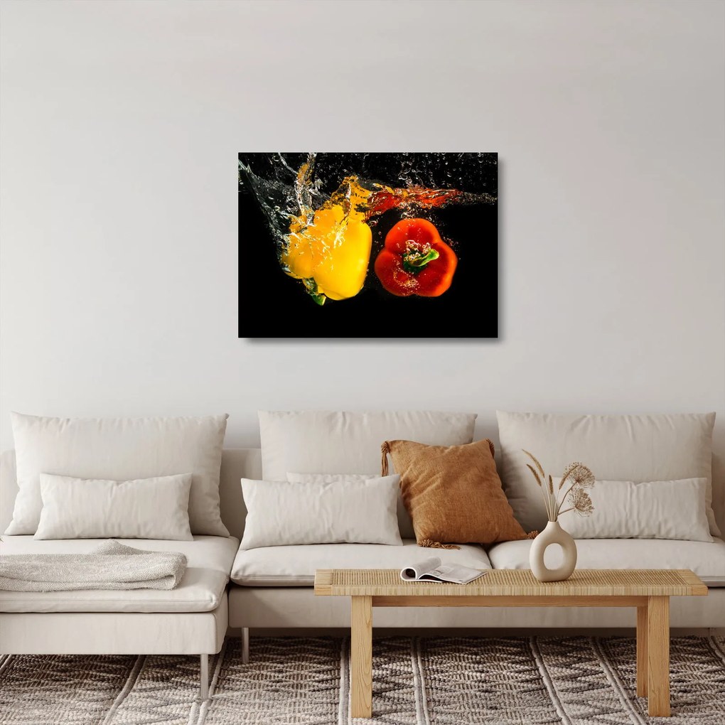 Sklenený obraz - papriky vo vode (70x50 cm)