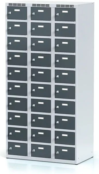 Alfa 3 Šatníková skrinka S6 s úložnými boxami, 30 boxov, 1800 x 900 x 500 mm, cylindrický zámok, tmavosivé dvere