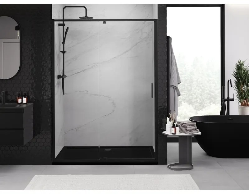 Mexen Exo, 1-krídlové dvere do otvoru 140x200 cm, 6mm číre sklo, čierny profil, 819-140-000-70-00