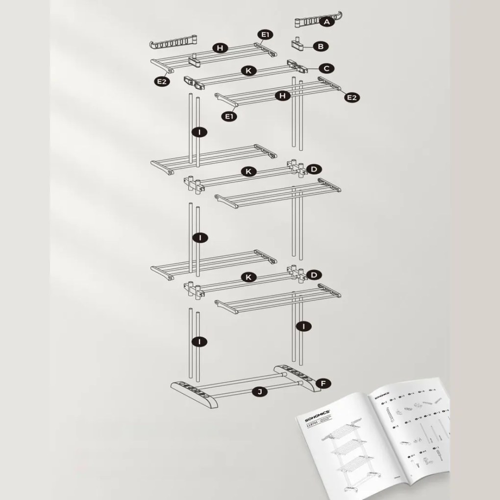 Sušiak na bielizeň ELTON so 4 úrovňami na kolieskach, 76x172x50cm, šedá SongmicsHome