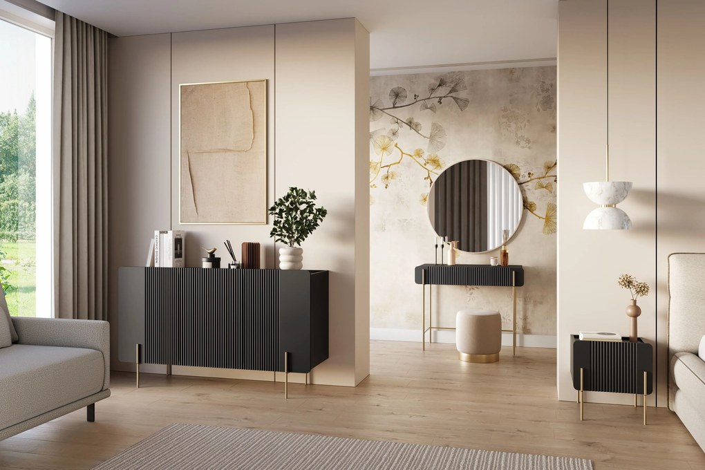 Komoda Malmi 150 cm trojdverová - čierny mat / zlaté nohy