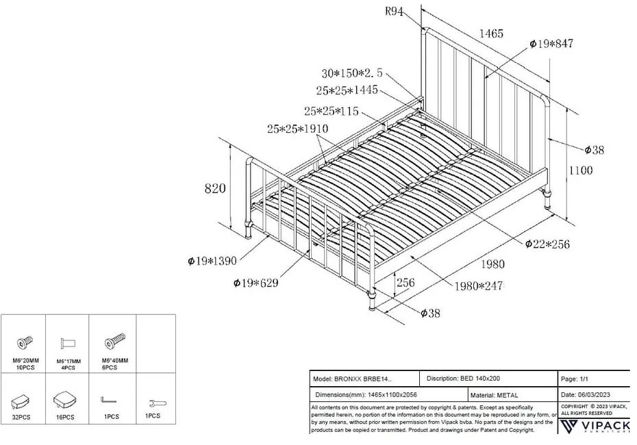 Modrá kovová dvojlôžková posteľ s roštom 140x200 cm BRONXX – Vipack