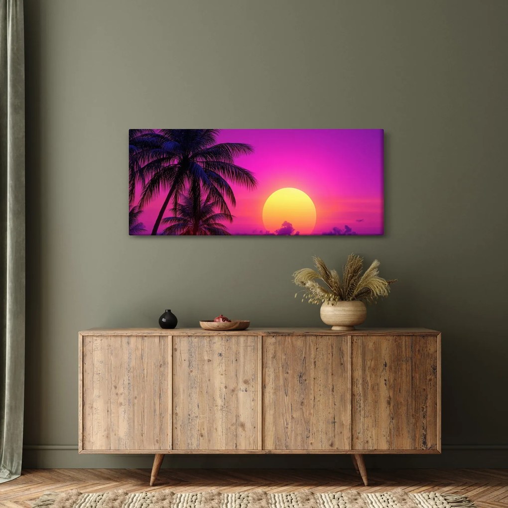 Obraz - Fialový západ s palmou (120x50 cm)