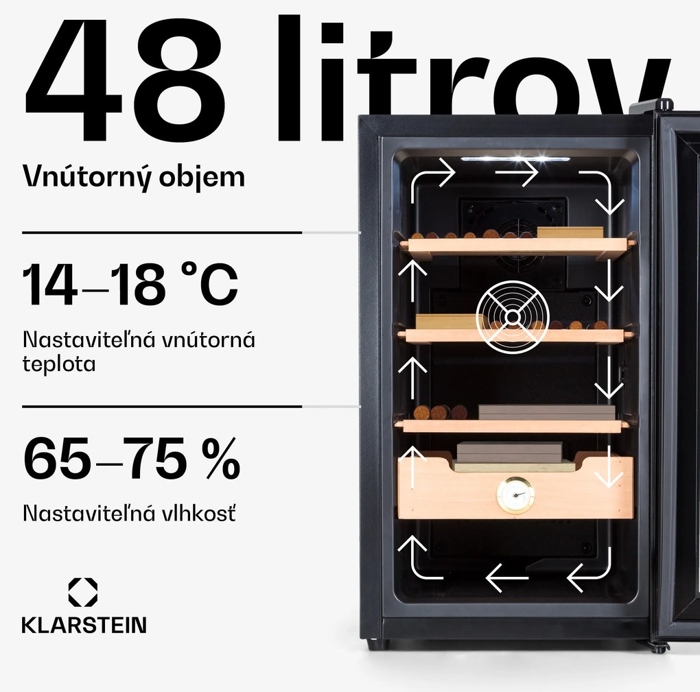 Klarstein El Presidente 48 – humidor na cigary, 48 l, 3 police, 1 priehradka, cédrové drevo