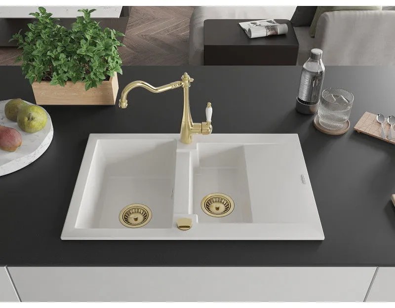 Mexen Gaspar, granitový drez 752x436x161 mm, 1,5-komorový a drezová batéria Carla, biela, 6507-20-670700-50