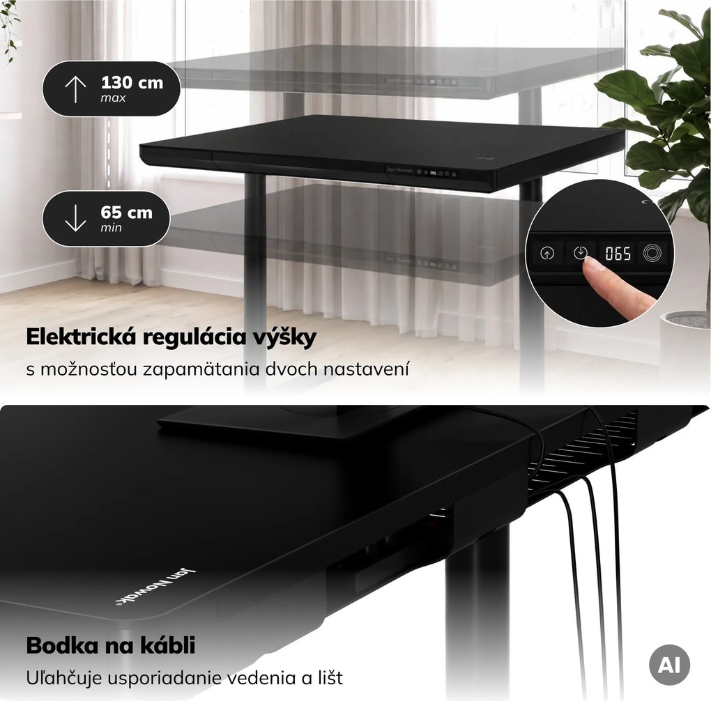 Elektrický písací stôl sit-stand so zásuvkou a bezdrôtovou nabíjačkou Qi čierny, 1200 mm: ELLIS