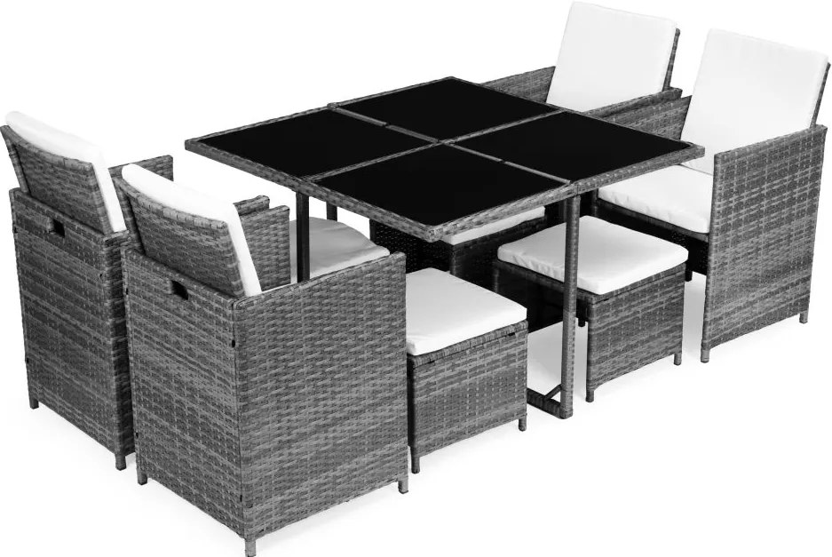 Veľký záhradný set nábytku v svetlosivej farbe – 4 kreslá, 4 taburetky a stôl