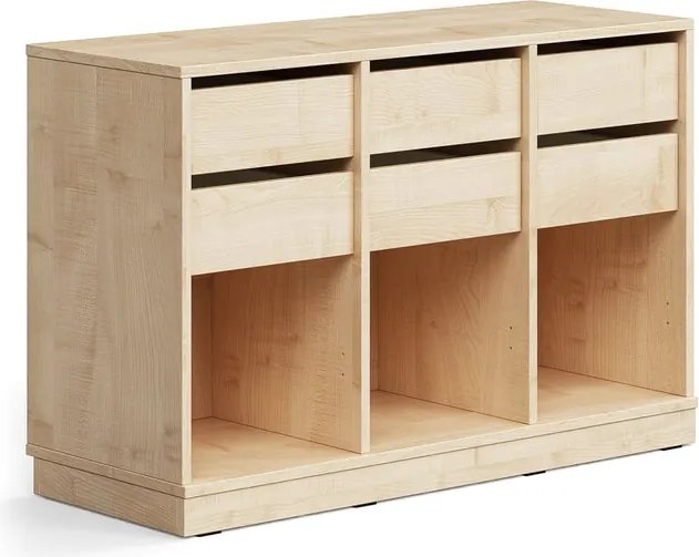 Úložná skrinka CASPER, 6 zásuviek, 3 priehradky, so soklom, breza