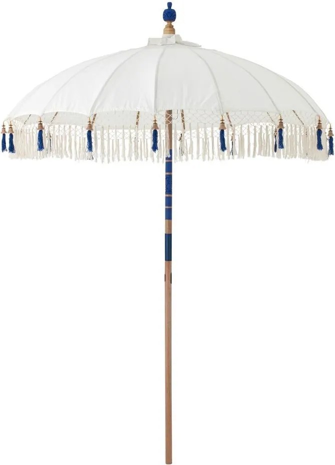 Biely slnečník so drevenou tyčou a strapcami Flavie Blue - ∅ 180*260 cm