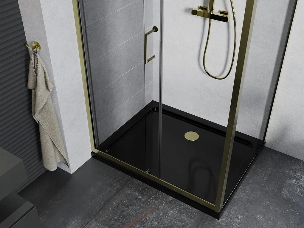 Mexen Apia sprchovací kút s posuvnými dverami 120 (dvere) x 80 (stena) cm, 5mm číre sklo, zlatý profil + čierna sprchová vanička SLIM, 840-120-080-50-00-4070G