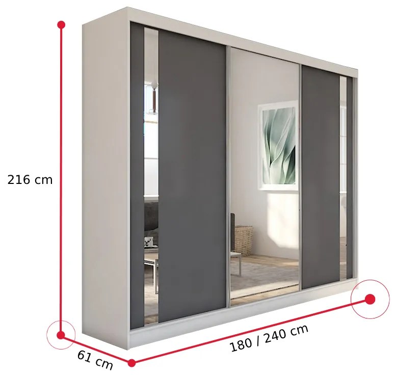 Skriňa s posuvnými dverami a zrkadlom GAJA + Tichý dojazd, 200x216x61, biela/grafit