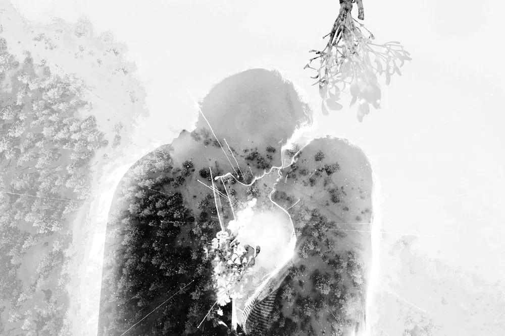 Obraz zamilovaný pár pod imelom v čiernobielom prevedení